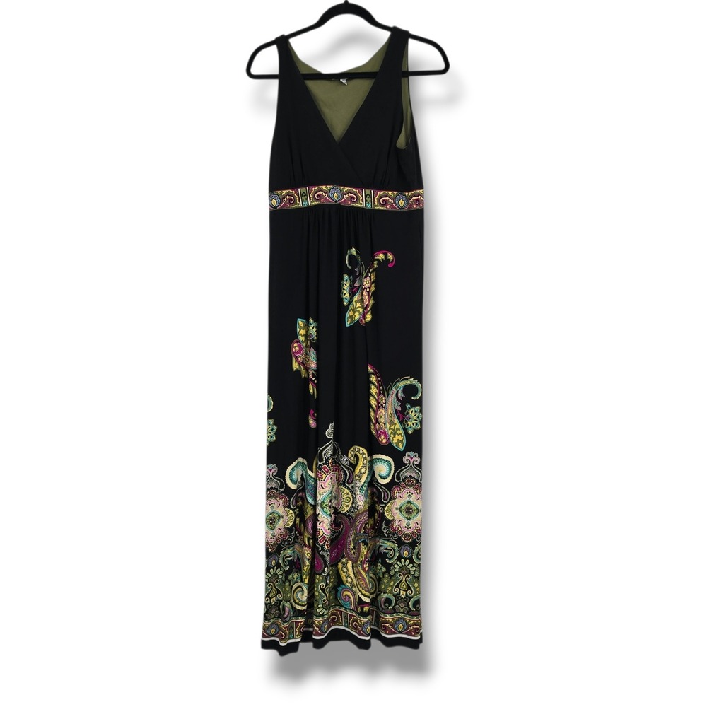 Sandra Darren Womens Black Paisley Border Print Sleeveless V-Neck Maxi Dress 10